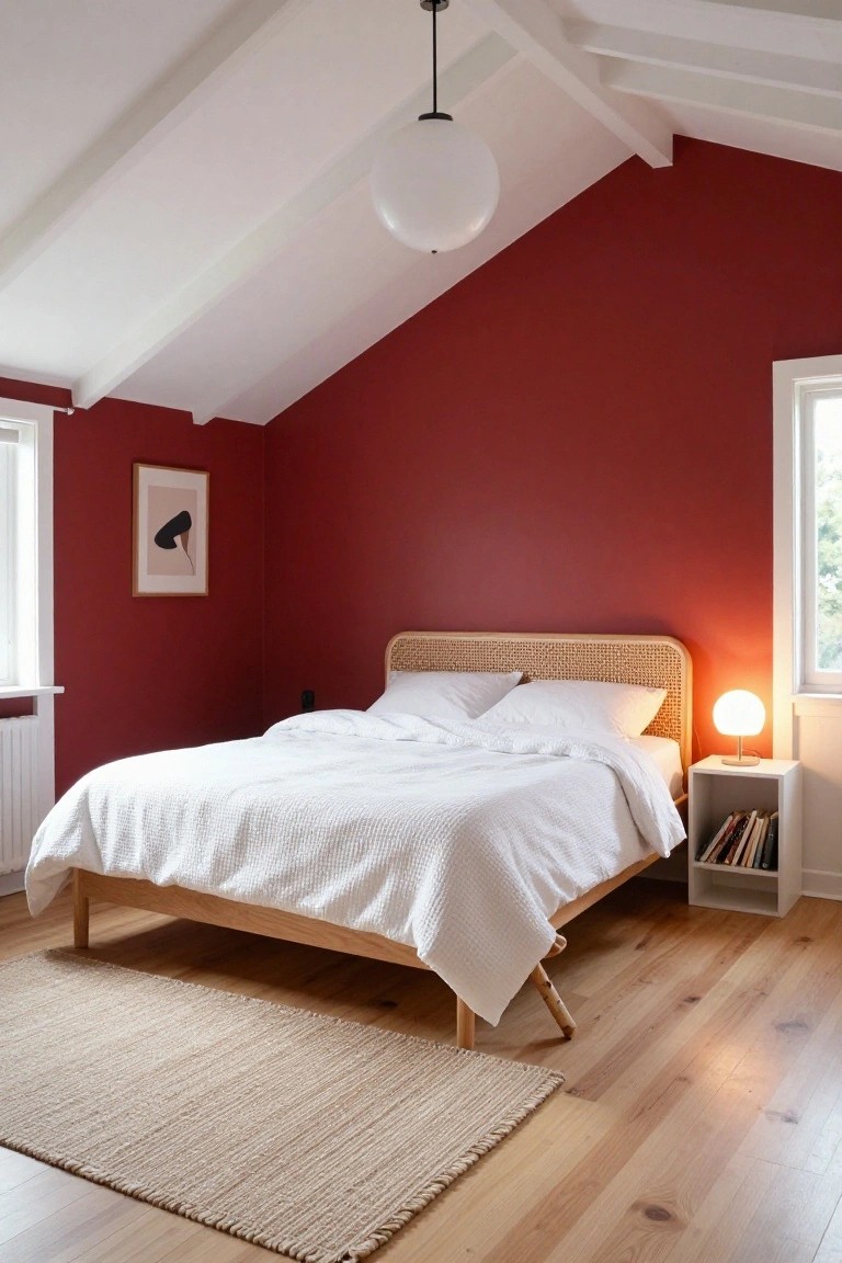 Bedroom interior with cherry red walls under a sloped white ceiling with beams, light wooden bed with rattan headboard and white textured bedding, white bedside shelf with lamp and books, wooden flooring, and beige seagrass rug.