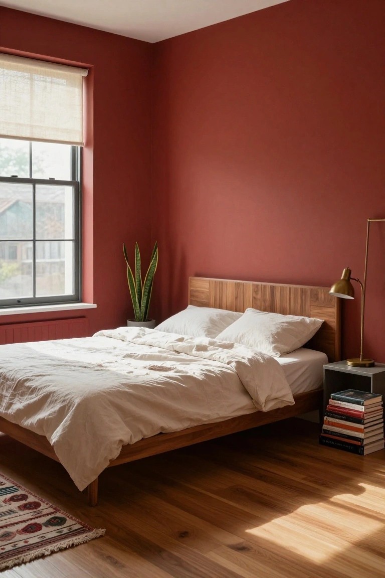 Bedroom interior with deep cherry red walls, wooden platform bed with white linens and pillows, gold bedside lamp on metal table with stacked books, snake plant in pot, woven rug on hardwood floor, and window with bamboo shade.