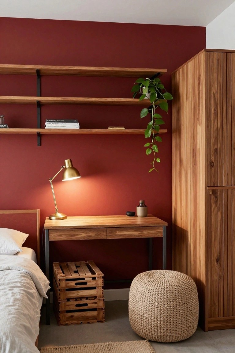 Bedroom interior with cherry red walls, wooden floating shelves holding books and a potted plant, brass desk lamp on a wooden desk, bed with white linens, stacked wooden crates, rattan pouf, and tall wooden wardrobe.
