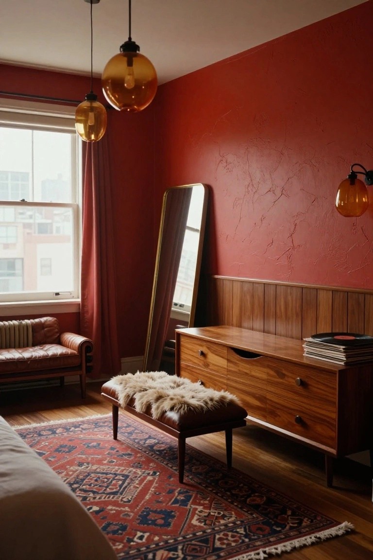 Bedroom interior with cherry red walls, wooden paneled wainscoting and dresser topped with vinyl records, brown leather armchair, sheepskin-topped bench, full-length mirror, amber pendant lights, and red patterned rug.