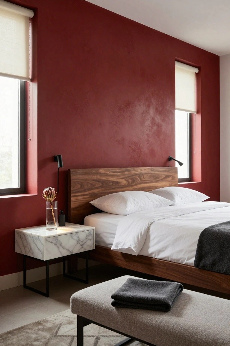 Bedroom with deep cherry red textured walls, walnut wood bed frame with white pillows and duvet plus gray throw, white marble nightstand holding glass vase with protea flowers and black lamp, matching lamp on opposite wall, gray upholstered bench on black metal legs, beige roller blinds over windows, light patterned rug on concrete floor
