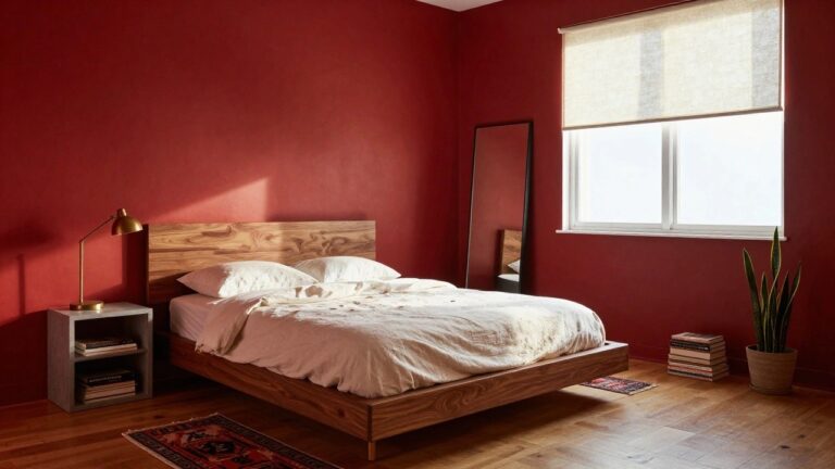 Bedroom interior with deep cherry red walls, wooden platform bed with white linens and pillows, gold bedside lamp on metal table with stacked books, snake plant in pot, woven rug on hardwood floor, and window with bamboo shade.