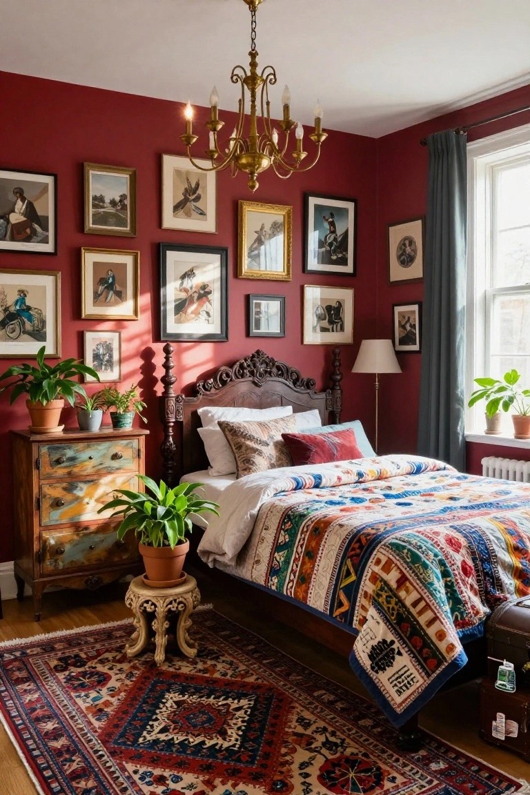 Bedroom with deep cherry red walls covered in a salon-style gallery of assorted framed artworks, antique carved wood bed with colorful patchwork quilt, potted plants, painted dresser, and patterned rug on wood floor.