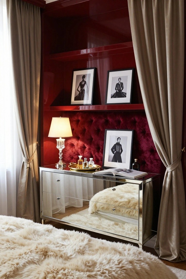 Bedroom interior with glossy cherry red lacquered walls, tufted red headboard, mirrored silver dresser holding perfume bottles and a tray, black and white framed fashion photos on shelves, fluffy white fur bed, and beige curtains on windows.