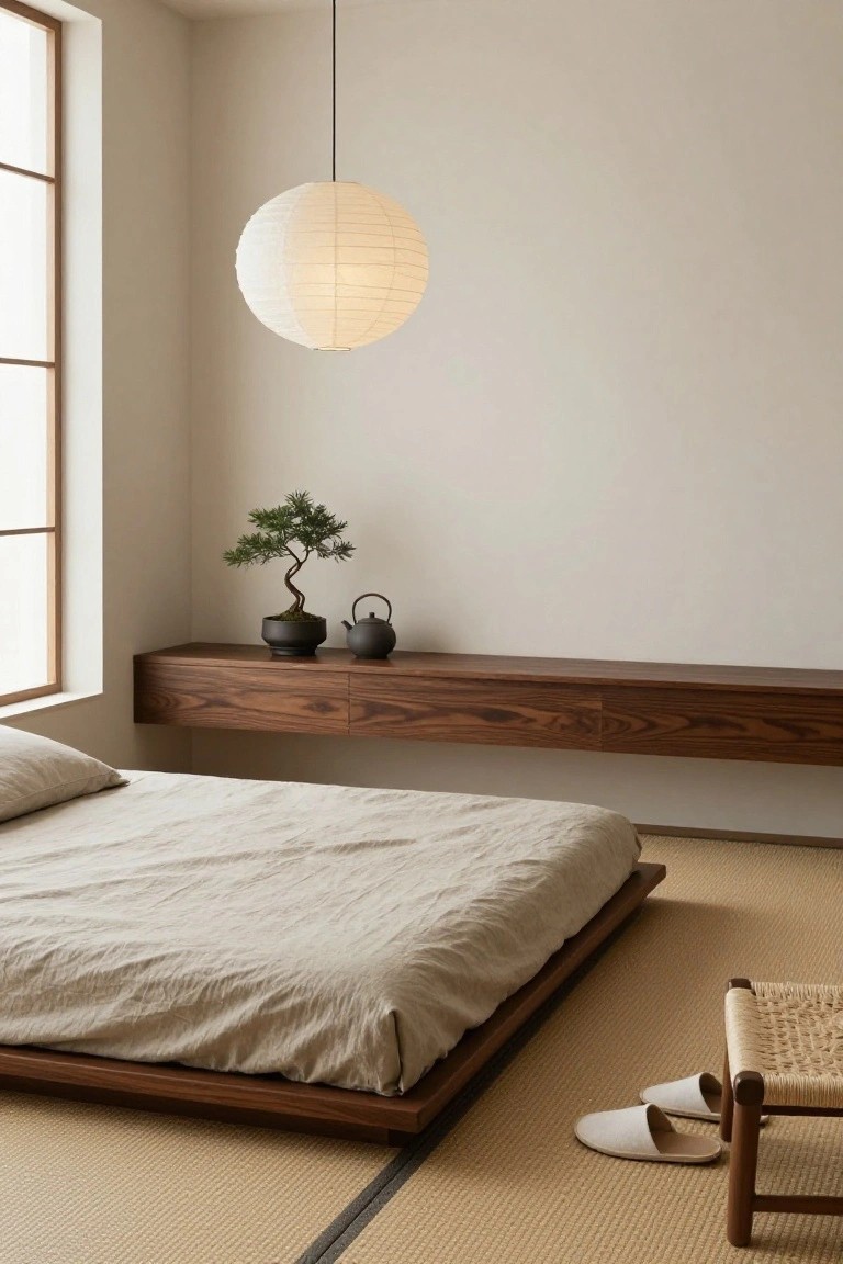 Minimalist bedroom with light beige walls, low wooden platform bed covered in beige linens on tan tatami floor, floating dark wood shelf holding black teapot and bonsai tree, white paper lantern hanging from ceiling, rattan stool with white slippers nearby.