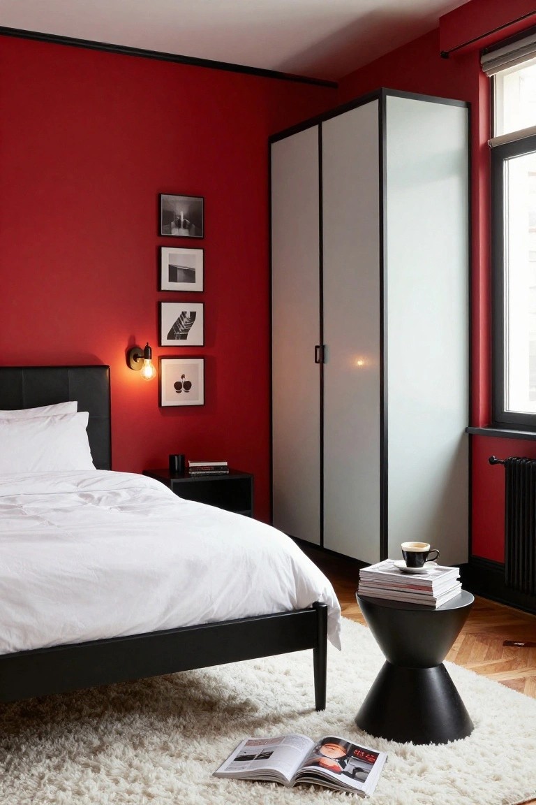 Bedroom interior with cherry red walls, black leather headboard bed with white sheets, black side table, white frosted glass wardrobe, black stool holding stacked magazines and coffee cup, white rug on wood floor.
