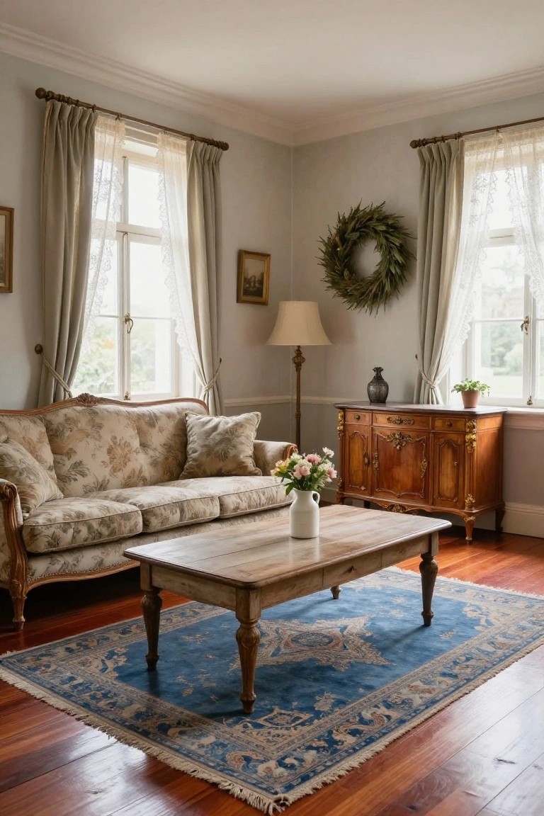 Living room interior with cream floral sofa, low wooden coffee table, blue patterned rug on reddish hardwood floors, antique wooden credenza holding vase and flowers, table lamp, potted plant, and tall windows with sheer curtains.