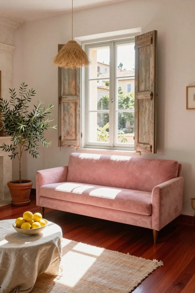 Living room with pink velvet sofa, potted olive tree, low table holding bowl of lemons covered in white cloth, rattan hanging lamp, open blue shutters on window showing outdoor view, and reddish brown hardwood floors.