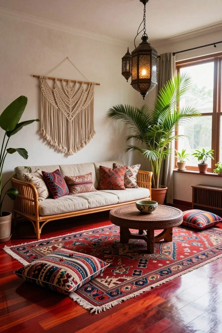 Living room with cherry red hardwood floors, rattan sofa with beige cushions and colorful pillows, red and blue patterned rug, wooden coffee table, potted plants, macrame wall hanging, and brass lanterns near a window.