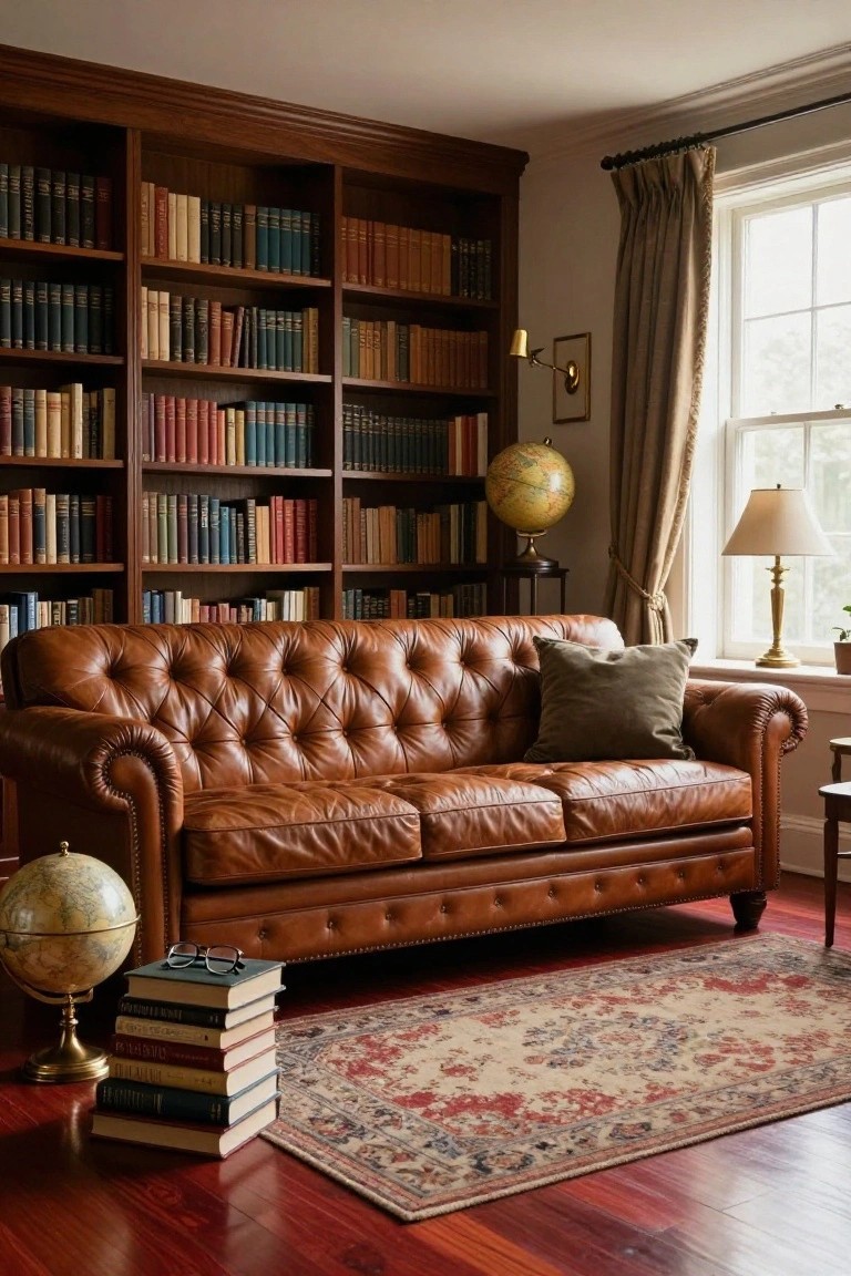 A living room with cherry red hardwood floors, wooden bookshelves filled with books on two walls, a tufted brown leather sofa, two globes on stands, a stack of books with glasses nearby, a green pillow, a beige lamp, and a floral rug.