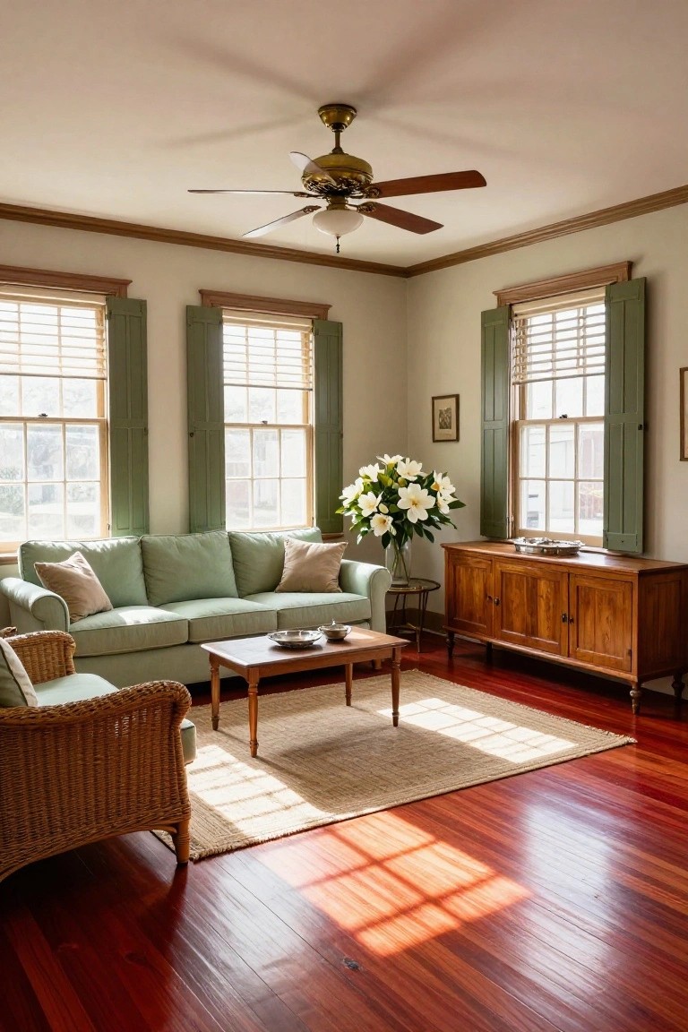 A living room with cherry red hardwood floors, pale walls, green shutters on triple windows, green sofa, wicker armchair, wooden credenza and coffee table, and white flowers in a vase.