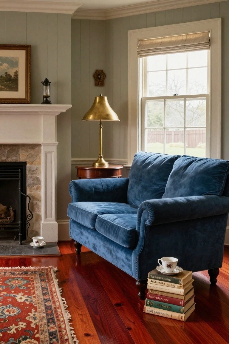 Living room corner with cherry red hardwood floors, blue velvet loveseat, stone fireplace, brass floor lamp, stack of books, teacup, and Persian rug.