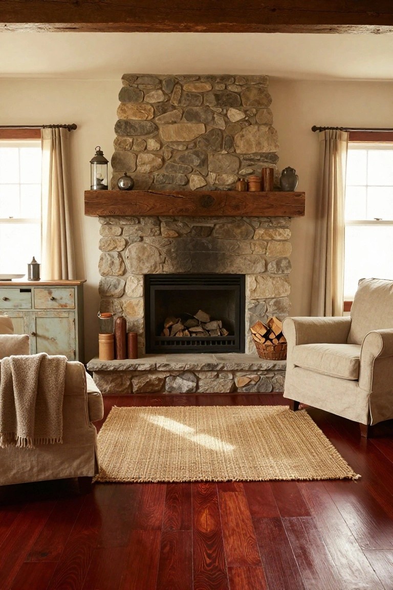 Living room with stone fireplace, dark wood mantel, cherry red hardwood floors, two beige armchairs draped with throws, seagrass rug, wooden crates, and side tables near windows.