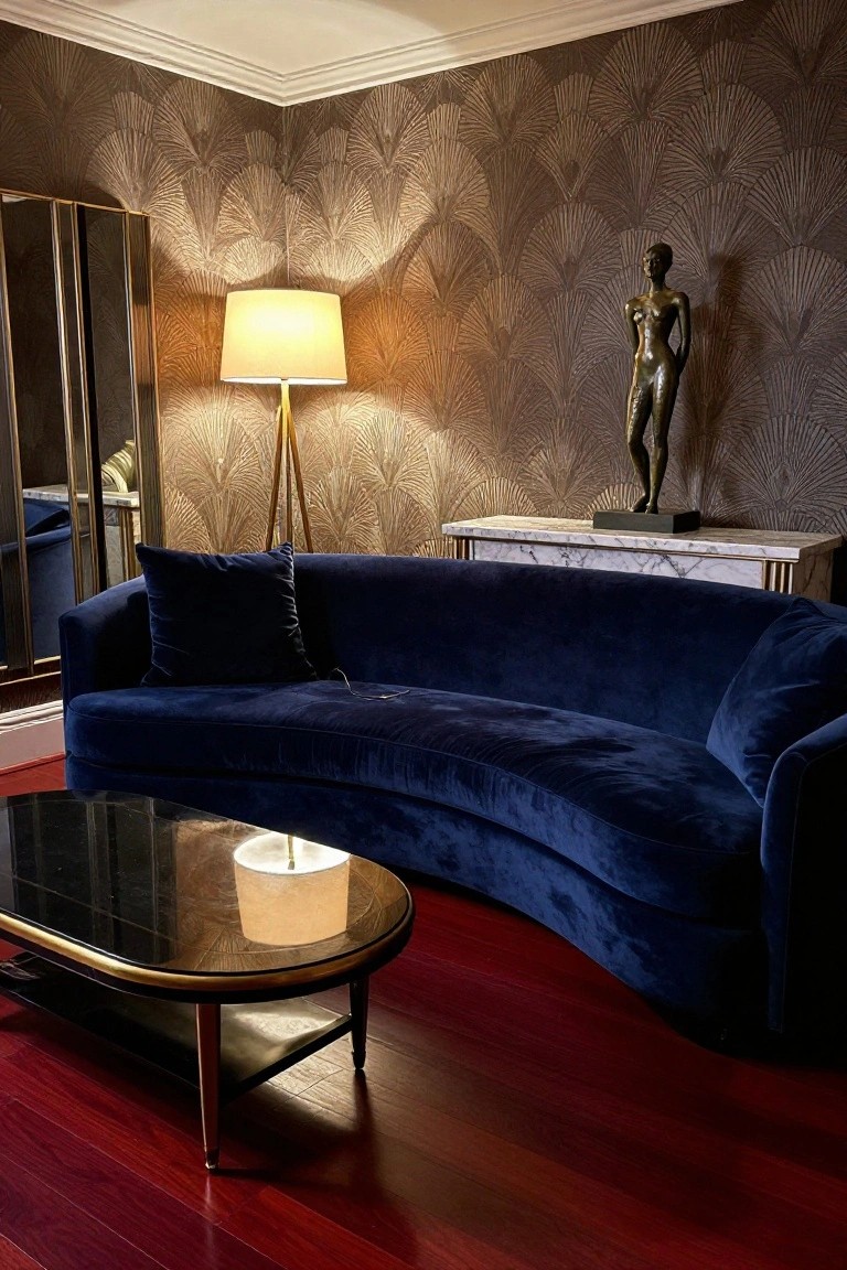 Curved navy blue velvet sofa in a living room with cherry red hardwood floors, art deco fan wallpaper, brass lamps, marble console with bronze statue, and mirrored doors.