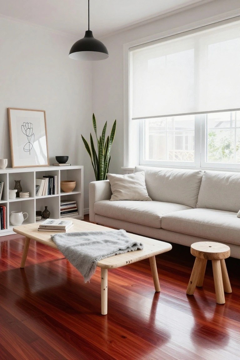 Living room with cherry red hardwood floors, beige sofa, wooden coffee table draped with a gray throw, white bookshelves, potted plants, and large windows with roller blinds.