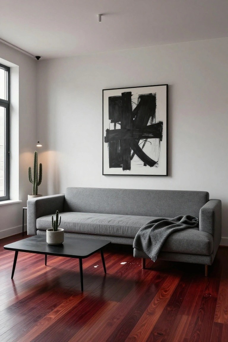 Modern living room featuring cherry red hardwood floors, gray L-shaped sofa with throw blanket, black square coffee table with potted cactus, tall potted cactus by window, large black abstract artwork on white wall, and side lamp.