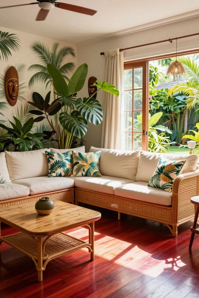 Living room with cherry red hardwood floors, white rattan L-shaped sofa with tropical leaf-patterned pillows, wooden coffee table holding a vase, surrounded by large tropical plants and palm wallpaper, sliding glass doors open to a lush green garden.