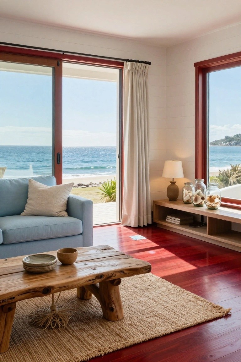 Living room with cherry red hardwood floors, light blue sofa, rustic wooden coffee table on seagrass rug, open sliding glass doors to ocean view, white walls, built-in shelf with jars of seashells, and potted plants.