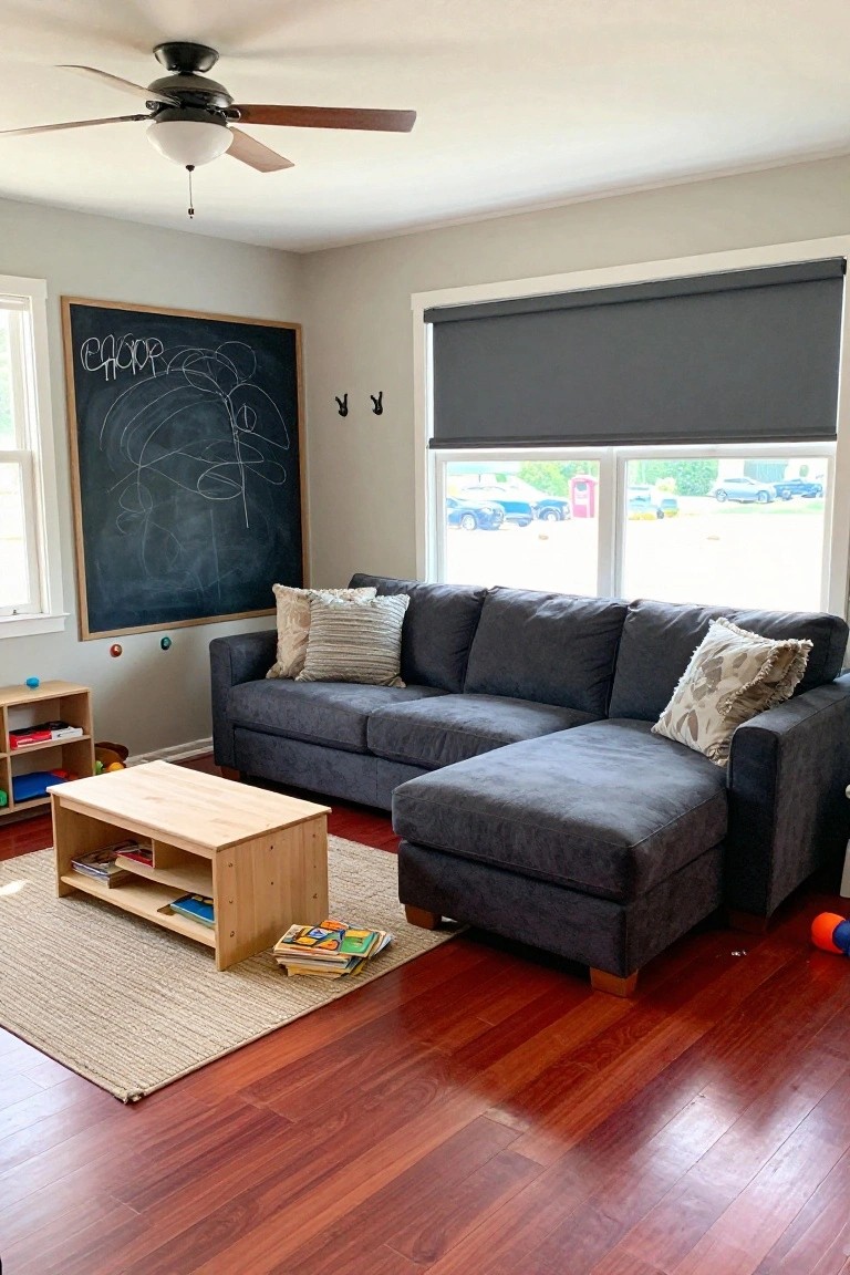 Living room featuring reddish hardwood floors, gray L-shaped sectional sofa with throw pillows, wooden coffee table with children's books, blackboard wall with chalk drawings, toys on shelves and floor, and windows overlooking a parking area.