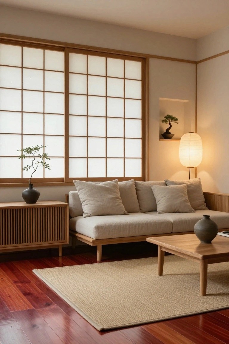 Minimalist Japanese-style living room with cherry red hardwood floors, low beige linen sofa, wooden low table and cabinets, shoji screen windows, plants in black and gray vases, paper lantern lamp, and beige seagrass rug.
