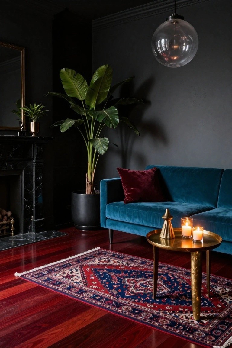 Living room with dark gray walls, cherry red hardwood floors, teal velvet sofa with red pillows, large potted plant, marble fireplace, brass side table holding candles and a gold cone, and a blue-and-red Persian rug.