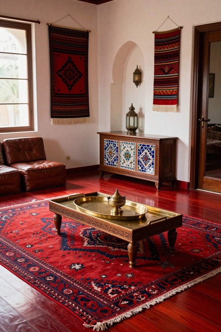 Moroccan-style living room with cherry red hardwood floors partially covered by a large red patterned rug, central brass tray table with teapot, low leather seating, blue-tiled wood cabinet, hanging textiles, and lanterns.