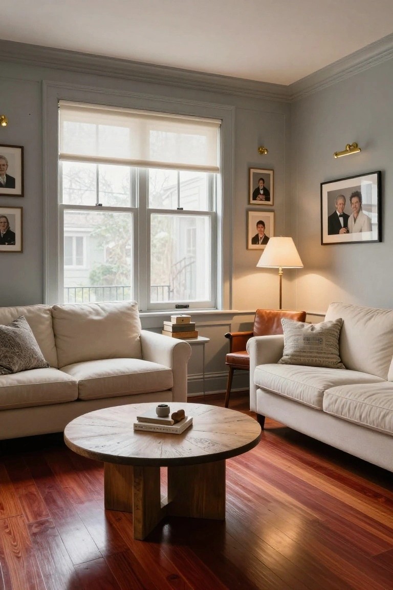 Living room corner with cherry red hardwood floors, two cream upholstered sofas, round wood coffee table, gray walls, framed photos, lamp, and windows with sheer shades.