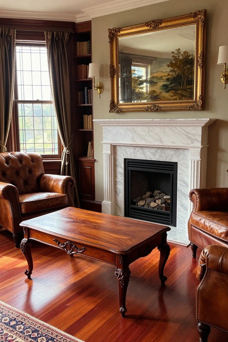 Living room interior with reddish-brown hardwood floors, two tufted brown leather armchairs, carved wooden coffee table, white marble fireplace with gas logs and wood stack, built-in wooden bookshelves, large gold-framed mirror over mantel, and tall leaded windows with green drapes.
