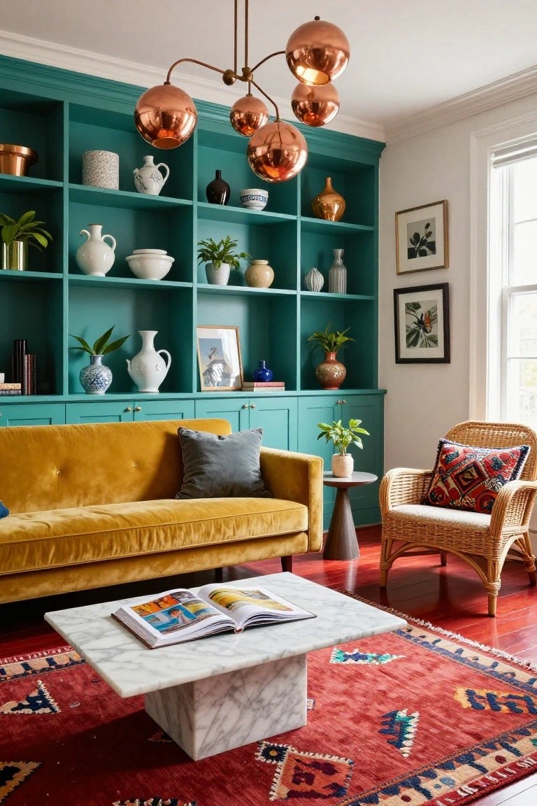 Living room with teal built-in bookshelves stocked with white ceramics, vases, plants, and books, mustard yellow velvet sofa, rattan armchair with patterned pillow, white marble coffee table on red patterned rug, and cherry red hardwood floors.