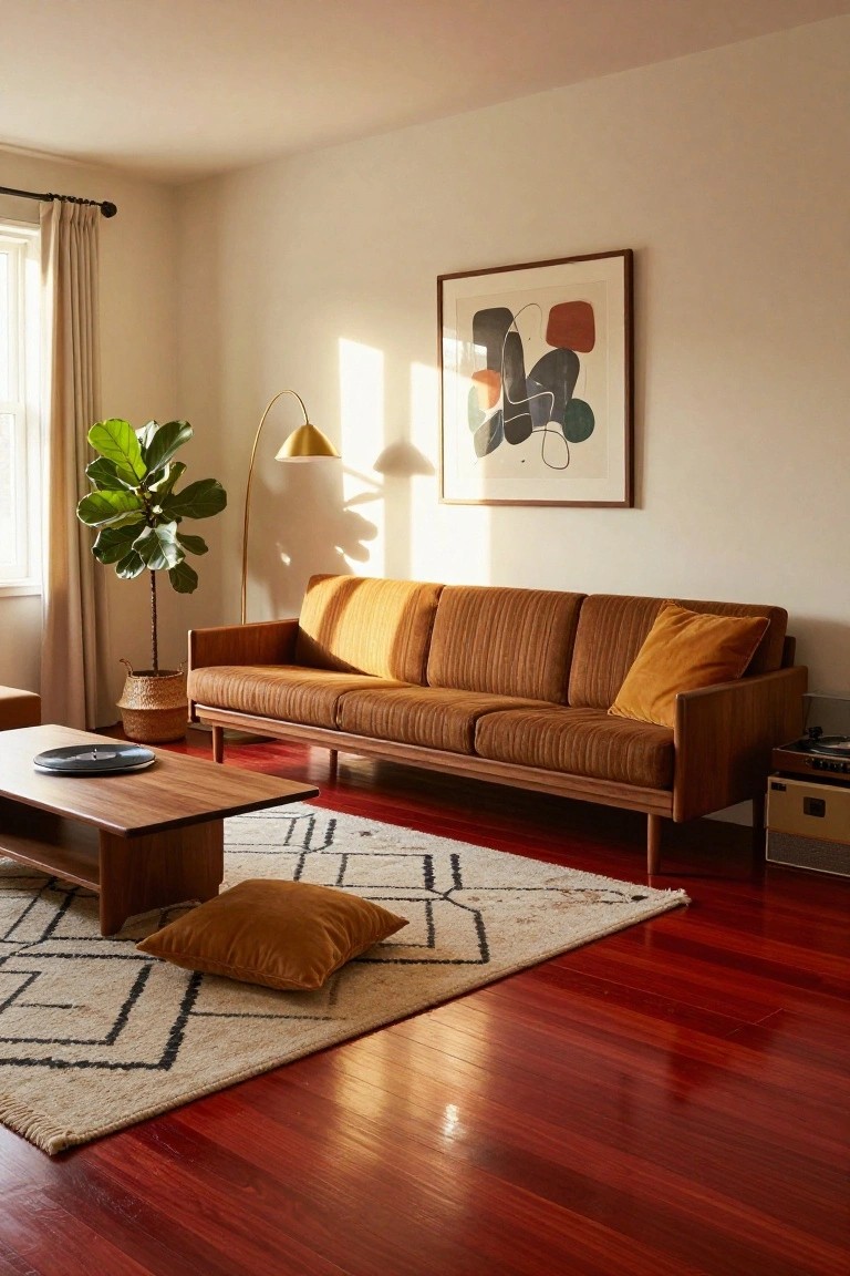 Living room with glossy cherry red hardwood floors, orange corduroy sofa on wooden legs, low wooden coffee table, partial beige geometric rug, potted fiddle leaf fig plant, brass arc lamp, and large abstract painting on white wall.