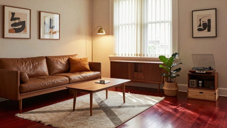 Living room with glossy cherry red hardwood floors, orange corduroy sofa on wooden legs, low wooden coffee table, partial beige geometric rug, potted fiddle leaf fig plant, brass arc lamp, and large abstract painting on white wall.