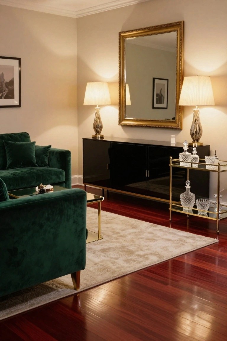 Living room with cherry red hardwood floors, emerald green velvet L-shaped sofa, glass coffee table, black credenza with gold legs, gold-framed mirror, two table lamps, and brass bar cart holding crystal decanters and glasses.