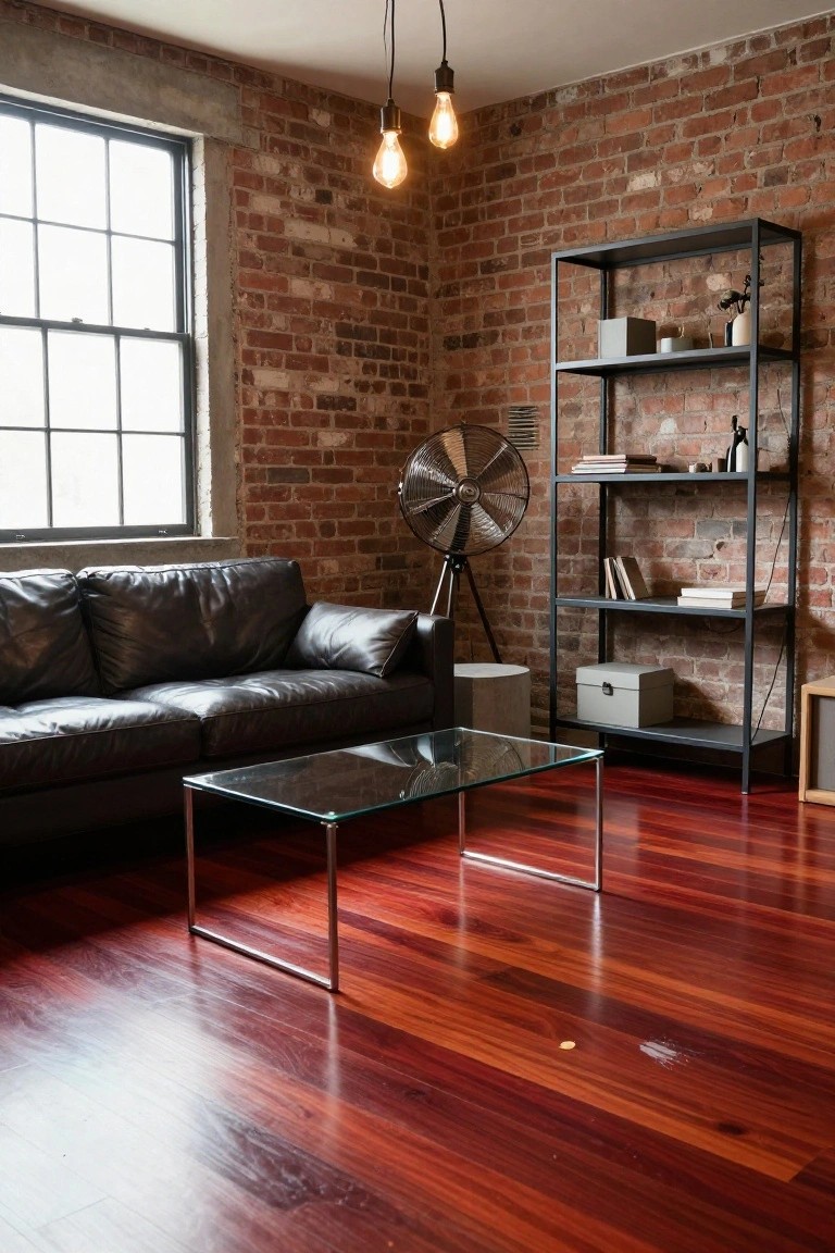 Living room interior with cherry red hardwood floors, black leather sofa, glass coffee table, black metal shelving units against exposed brick walls, standing fan, and pendant lights.