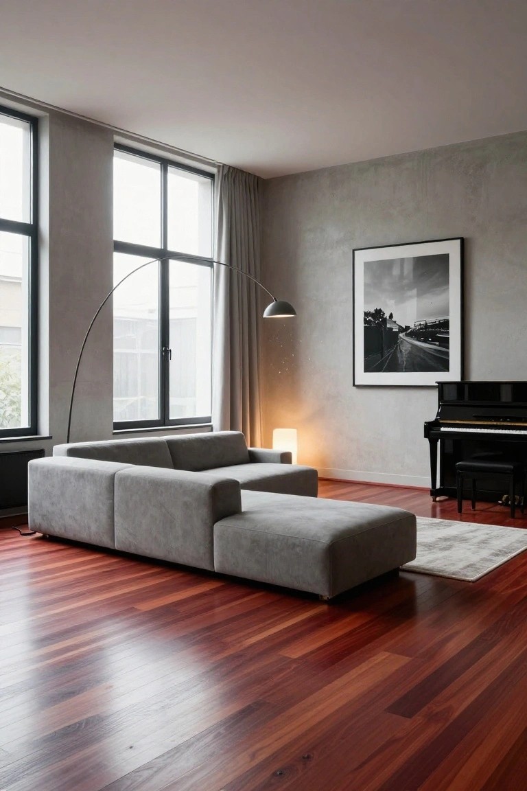 Modern living room with light gray L-shaped sofa and ottoman, black upright piano, arc floor lamp, white table lamp, large black-and-white photograph on textured gray wall, large windows with gray curtains, and polished cherry red hardwood floors.