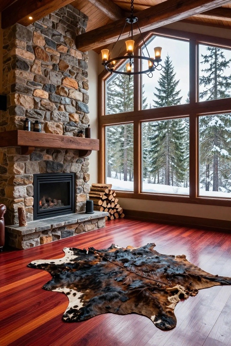 Rustic Cabin Living Room with Cherry Red Floors