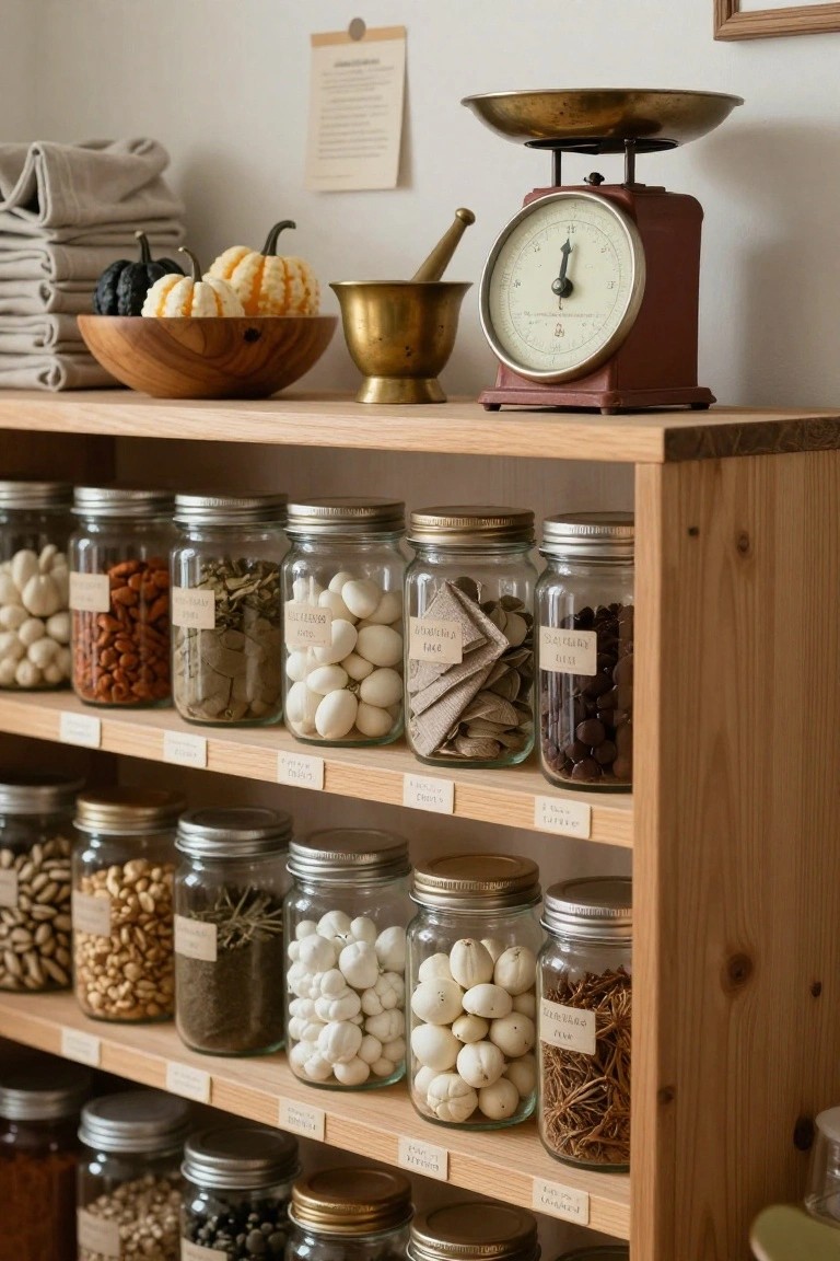 Wooden open shelving stocked with labeled glass jars of beans, nuts, herbs, dried mushrooms, and other ingredients, plus small pumpkins, a brass scale, mortar and pestle, and linen cloths nearby.