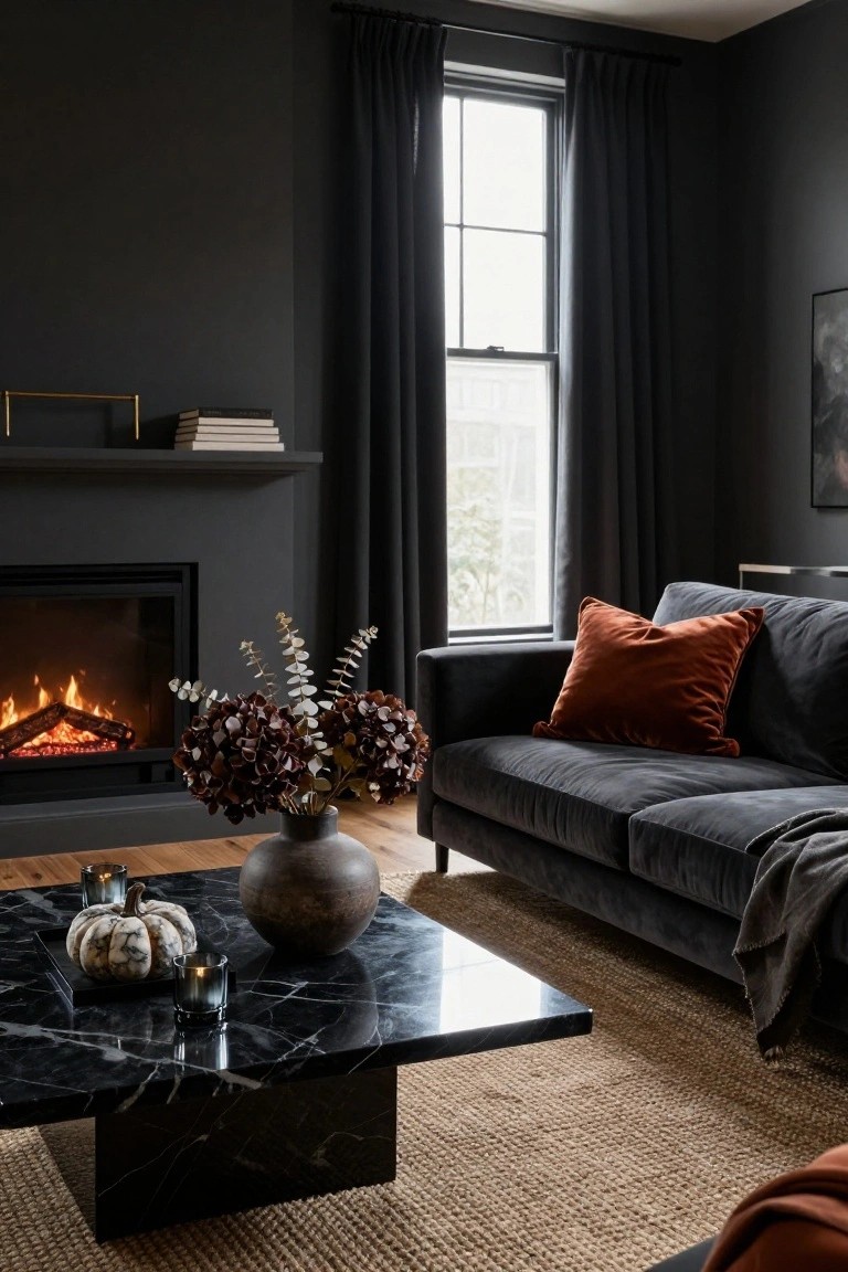 Dark gray living room with black marble coffee table holding white pumpkins, candles, and a terracotta vase of dried flowers, gray velvet sofa, fireplace, and window with black curtains.