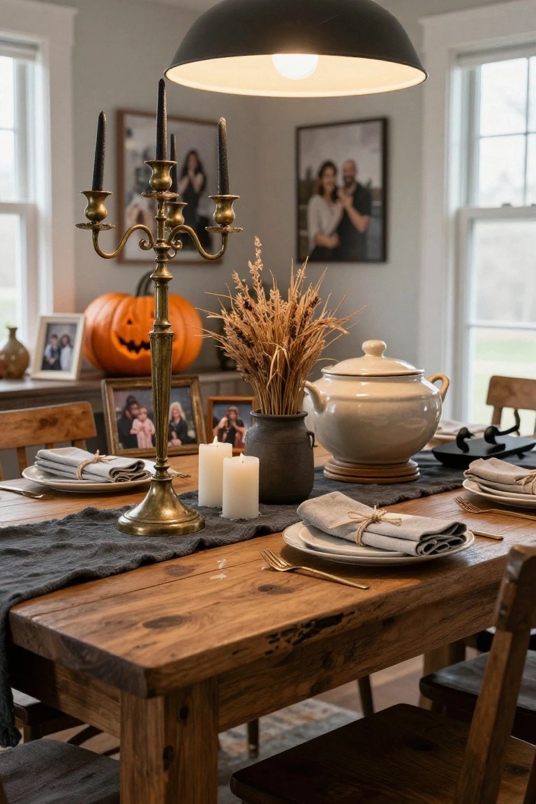 Wooden dining table set for Halloween with brass candelabras holding black taper candles, small jack-o-lantern pumpkin, wheat bundles in jars, neutral plates and linens, and chairs in a light gray room with windows and family photos on walls.