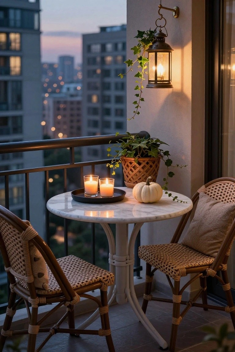 Small round white marble table on a high-rise balcony at dusk, holding a black tray with two lit candles and a small white pumpkin, flanked by two rattan chairs with beige cushions, ivy plants in a basket, and a hanging lantern on the wall, city skyline in background.