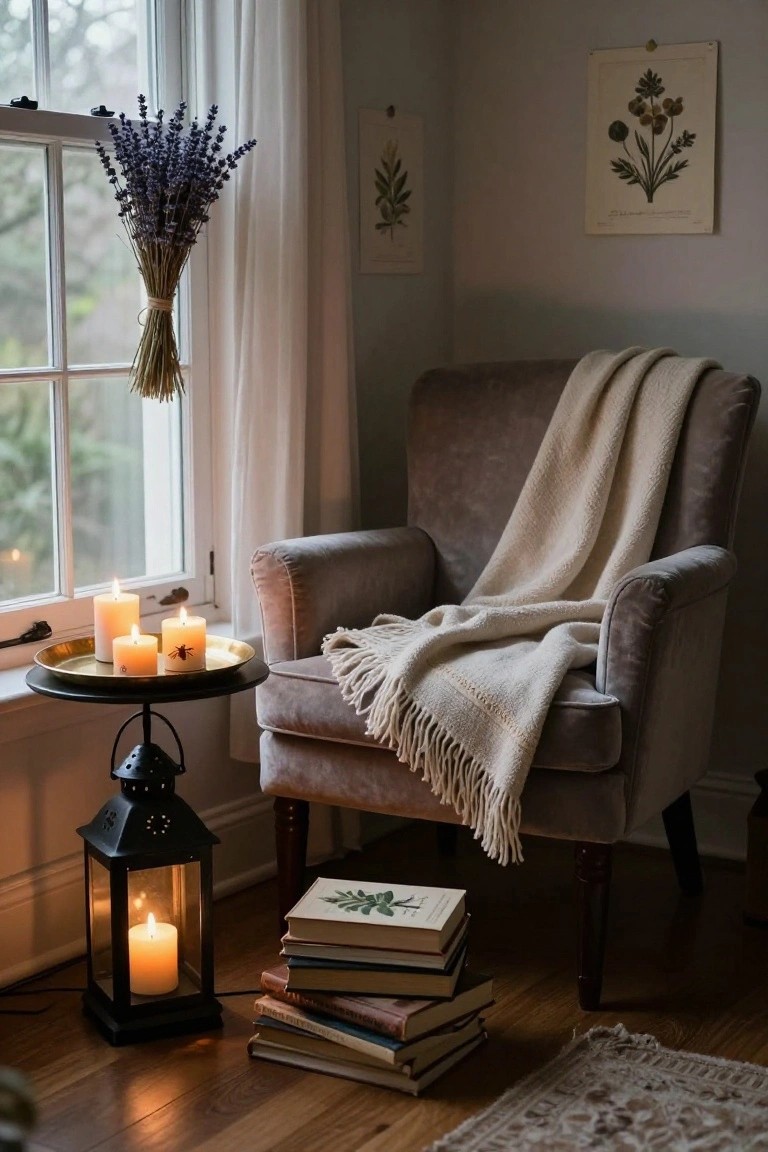 Gray velvet armchair draped in cream fringed throw blanket positioned by tall window with sheer curtains and hanging lavender bundles, brass tray holding three white candles with spiderweb designs on black metal side table, black lantern with lit candle, stacks of books on wood floor, botanical prints on walls in warmly lit room.