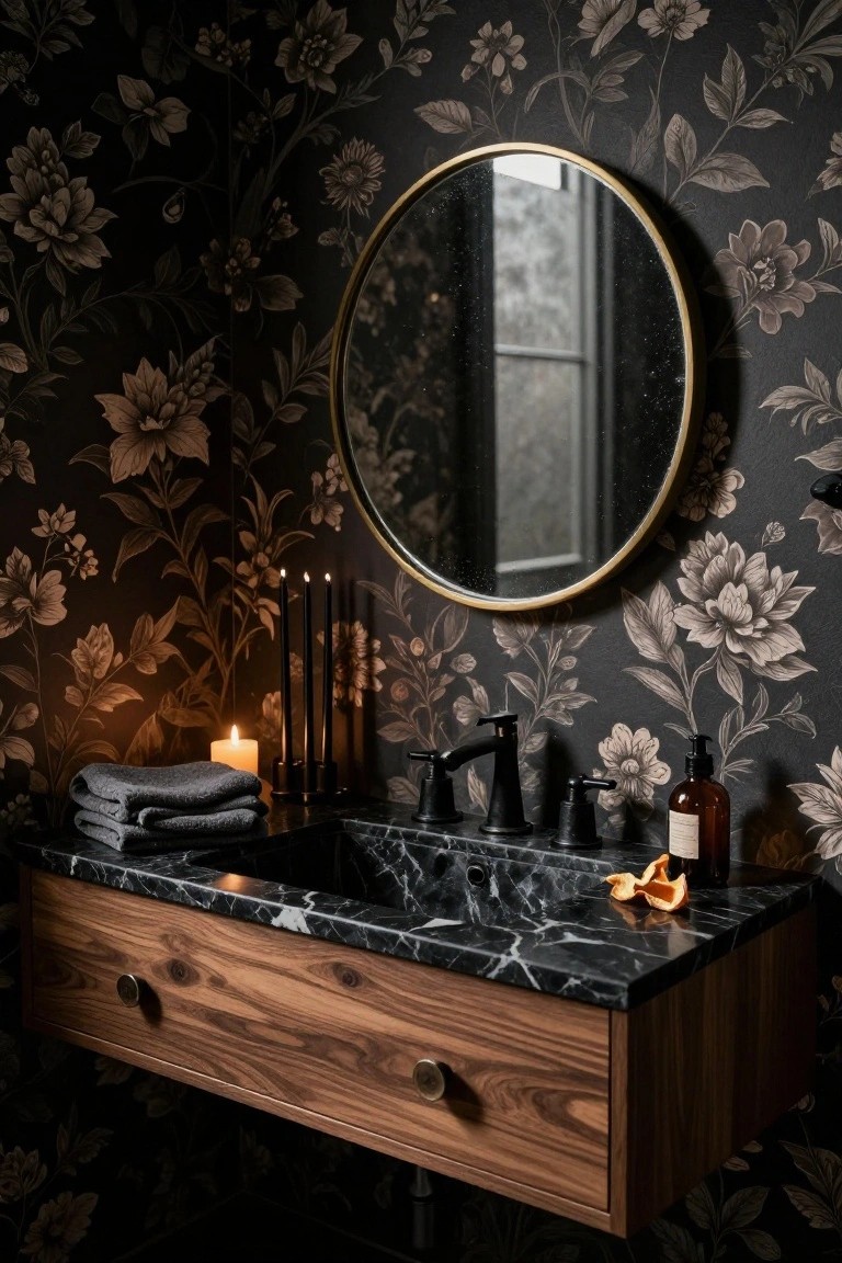 A bathroom featuring dark floral wallpaper on the walls, a floating wooden vanity with black marble countertop and sink, black faucet, round gold-framed mirror, black candles, gray towels, and a small orange peel on the counter.