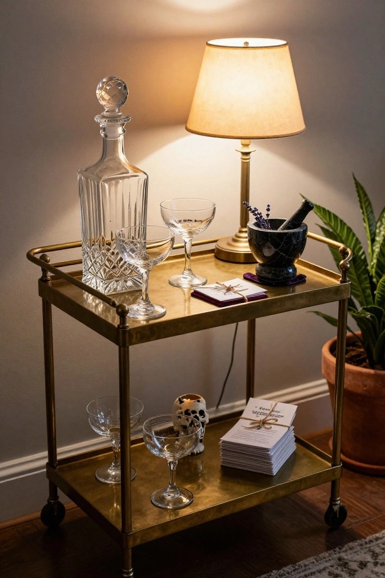 Gold bar cart on wheels holding crystal decanter, champagne coupes, black mortar and pestle with lavender, skull candle, stack of papers, next to a table lamp and potted plants in a dimly lit room.