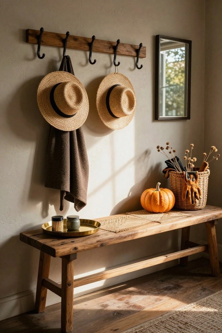 Wooden entry bench with a pumpkin, gold tray holding candles, woven placemat, straw hats on wall hooks, brown scarf, mirror, and wicker basket containing gloves and dried flowers in a beige-walled room.