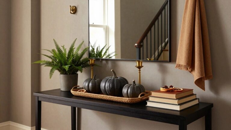 Gray entryway corner with black bench topped by woven tray of black pumpkins, brass candlesticks, and potted fern, under large black-framed mirror, books on lower shelf, tan scarf on brass hook, stairs visible.