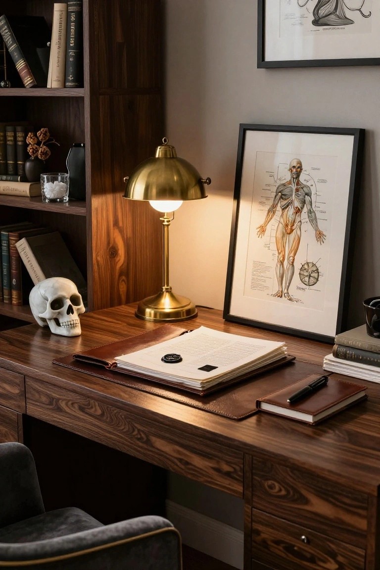 Wooden desk in a bookshelf-lined study holding a white human skull, brass desk lamp, open leather portfolio with papers, stacked books, and a nearby framed anatomical illustration of a male figure.