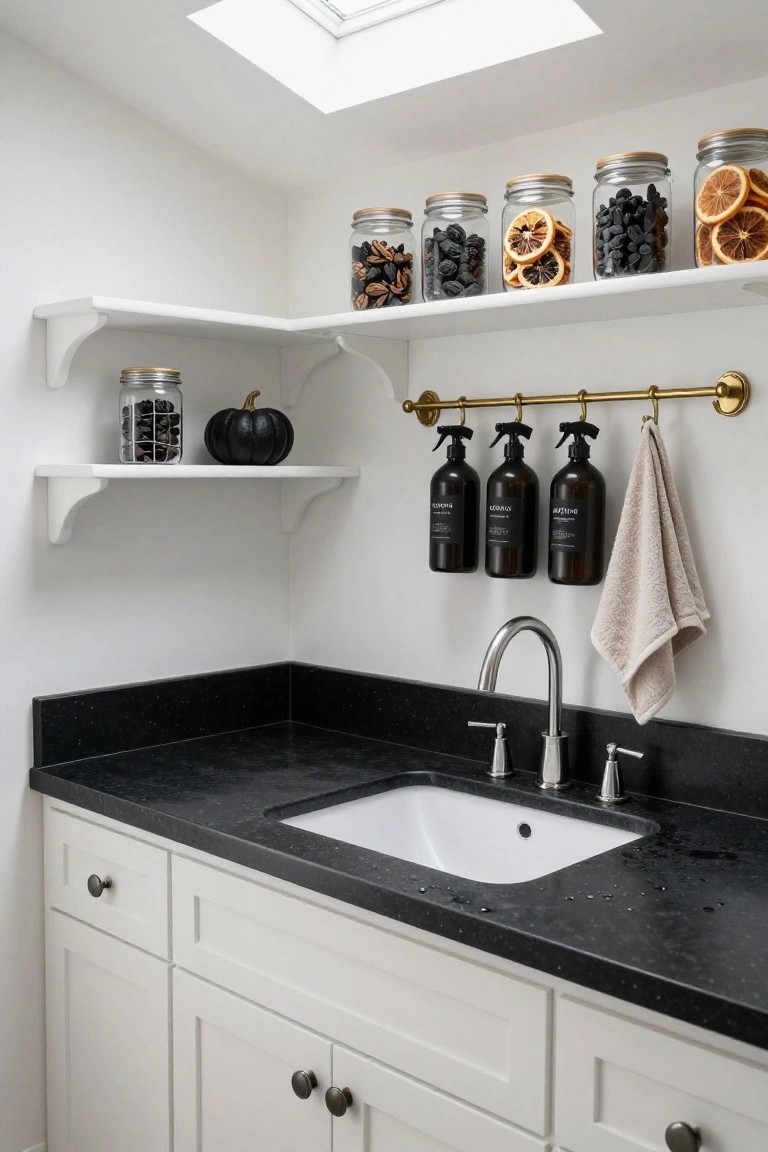 White laundry room corner with sloped ceiling and skylight, open shelves holding jars of dried black fruits, orange peels, and a small black pumpkin, black spray bottles on brass rail, black granite countertop, white sink, and white cabinets.