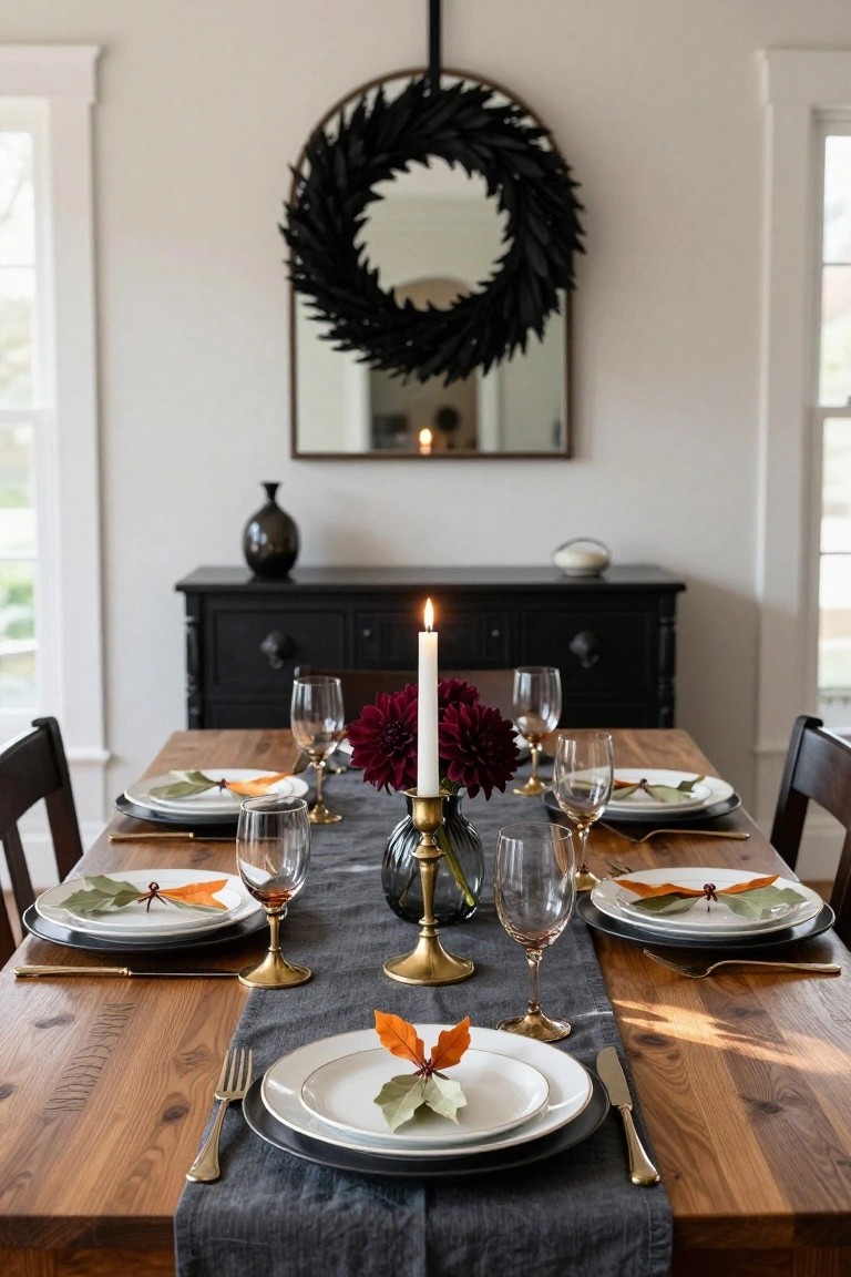 Dining table set for a meal with white plates garnished by fall leaves, wine glasses, gold flatware, dark red dahlia in brass candleholder as centerpiece, black leaf wreath in round mirror above black buffet cabinet, wooden table with gray runner in light gray room.