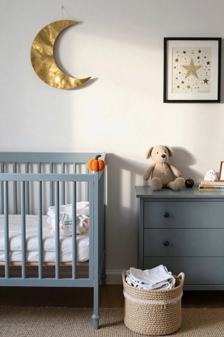Gray crib in a nursery with small orange knitted pumpkin on the rail, stuffed beige teddy bear and books on adjacent gray dresser, gold crescent moon wall hanging, and white star artwork in black frame.