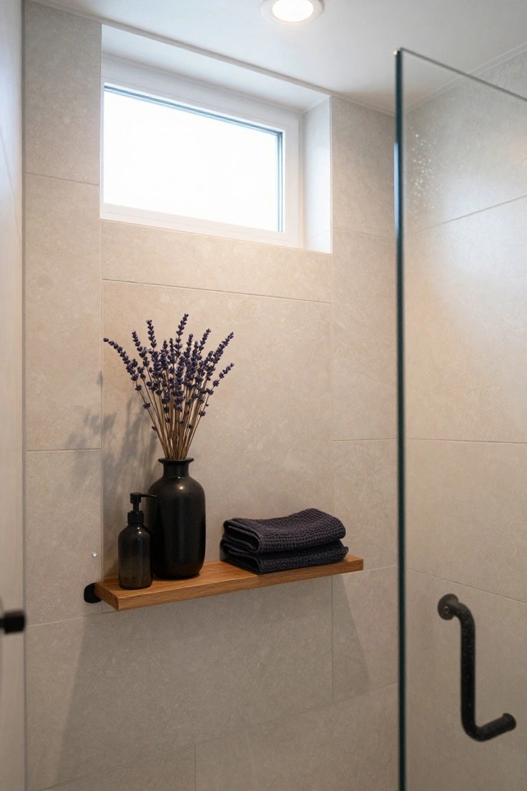 Modern bathroom shower area with light beige tiles, clerestory window, glass enclosure with black handle, and wooden floating shelf holding black bottles, dried lavender bouquet in black vase, and folded navy towels.