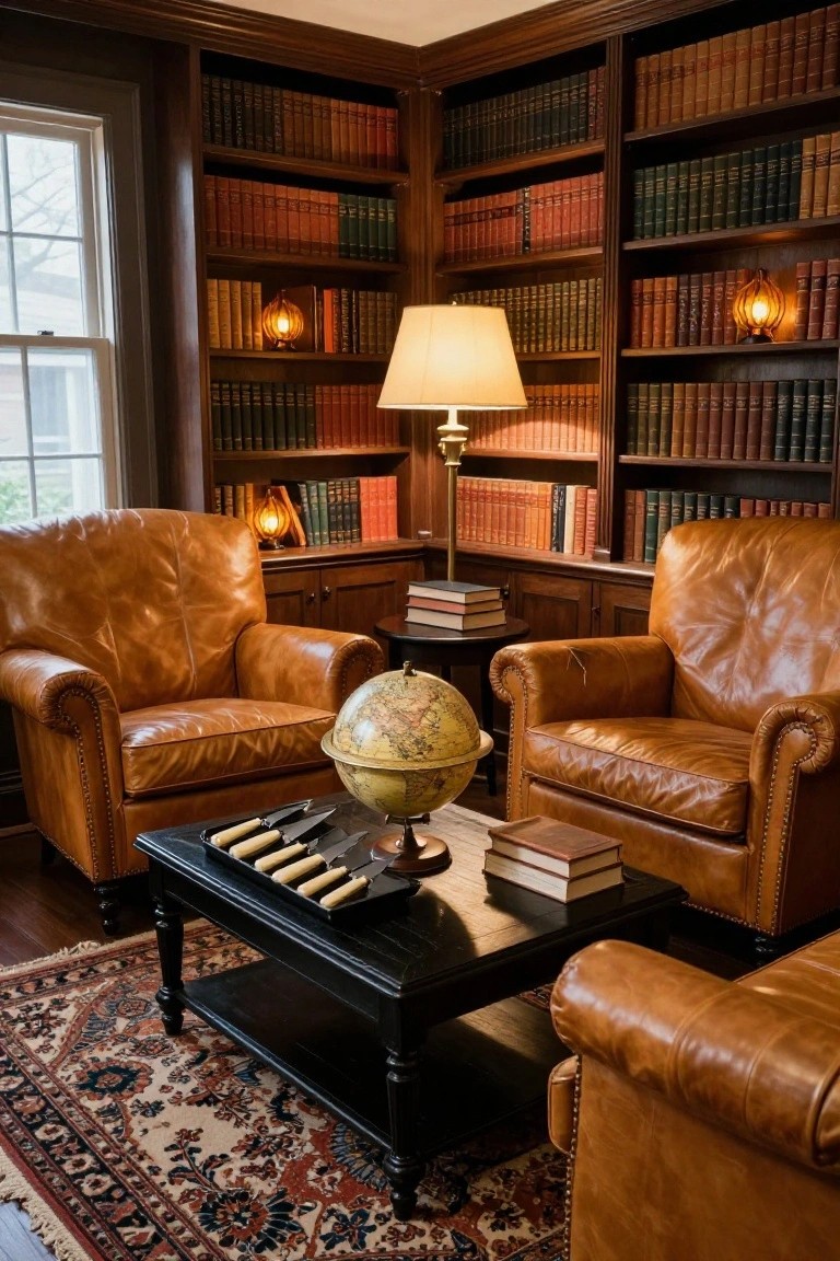 Wood-paneled library interior with floor-to-ceiling bookshelves filled with books, two tan leather armchairs facing a black coffee table holding a brass globe, stacked books, and several knives with white handles, lit by table lamps and wall sconces.